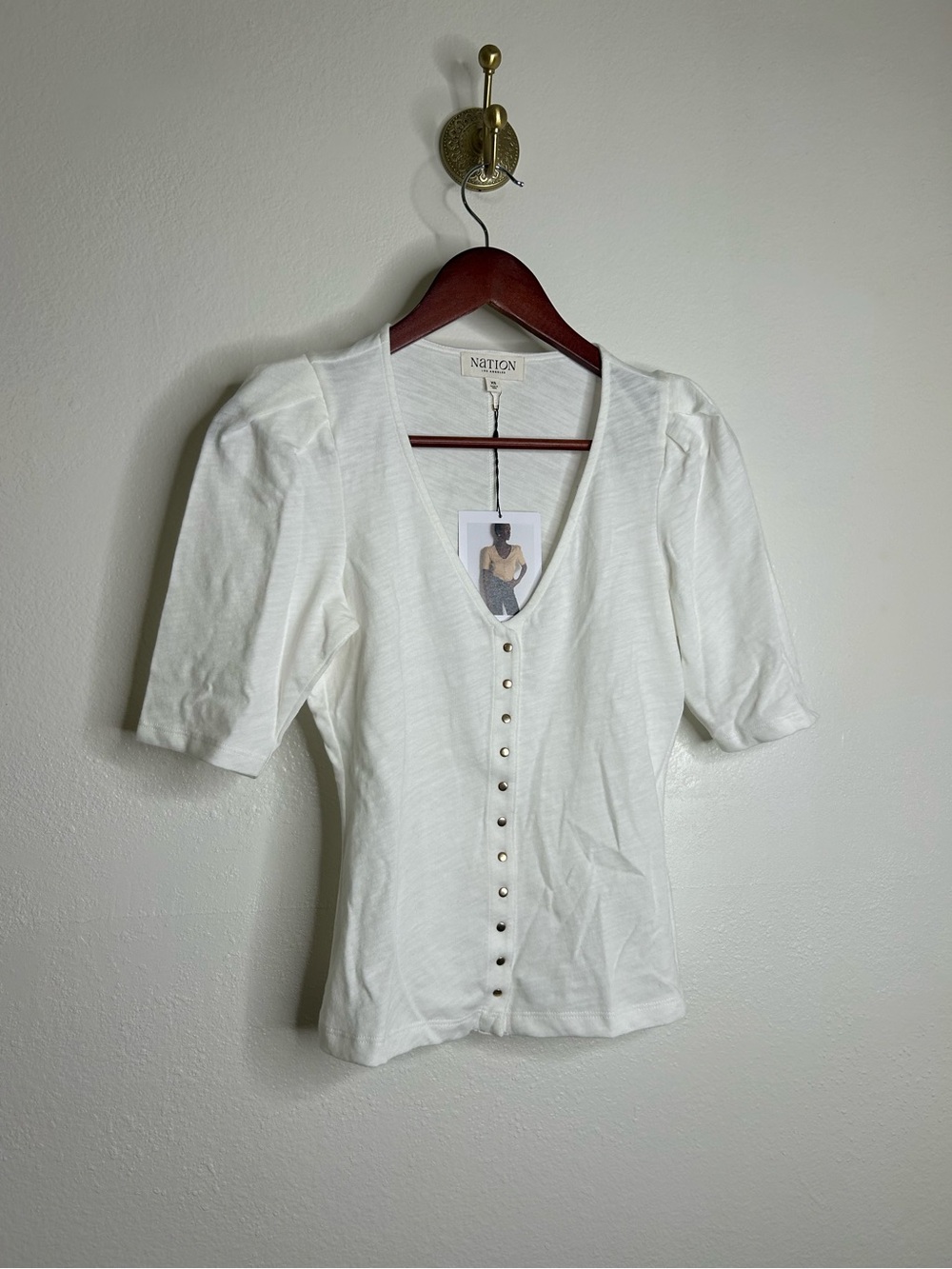 NWT Nation LA 100% Cotton Jen Gold Button Down Puff Sleeve Top in White
